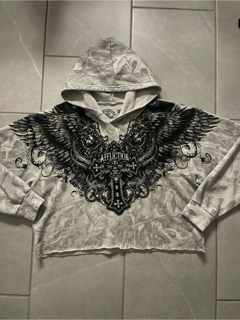 Affliction Gray and Black Winged Cross Hoodie